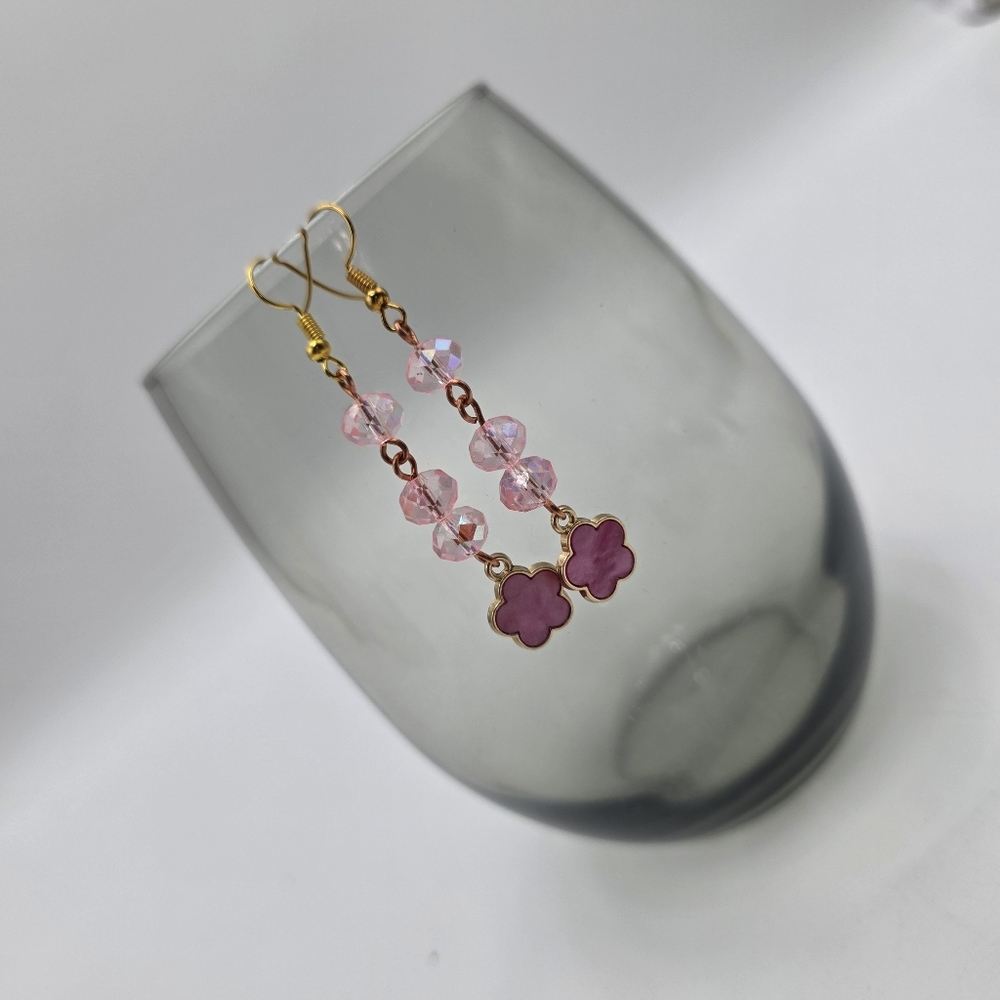 Pink Crystal Flower Dangle Earrings – Gold Hook Handmade Beaded Jewelry - Picture 3 of 5